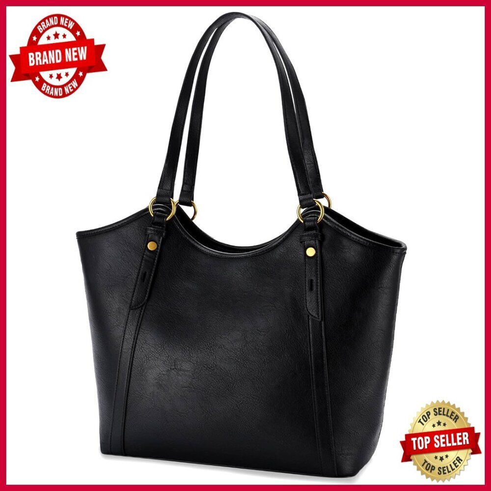 Large Vegan Leather Tote Bag with Zipper for Work, Spacious Shoulder Satchel
